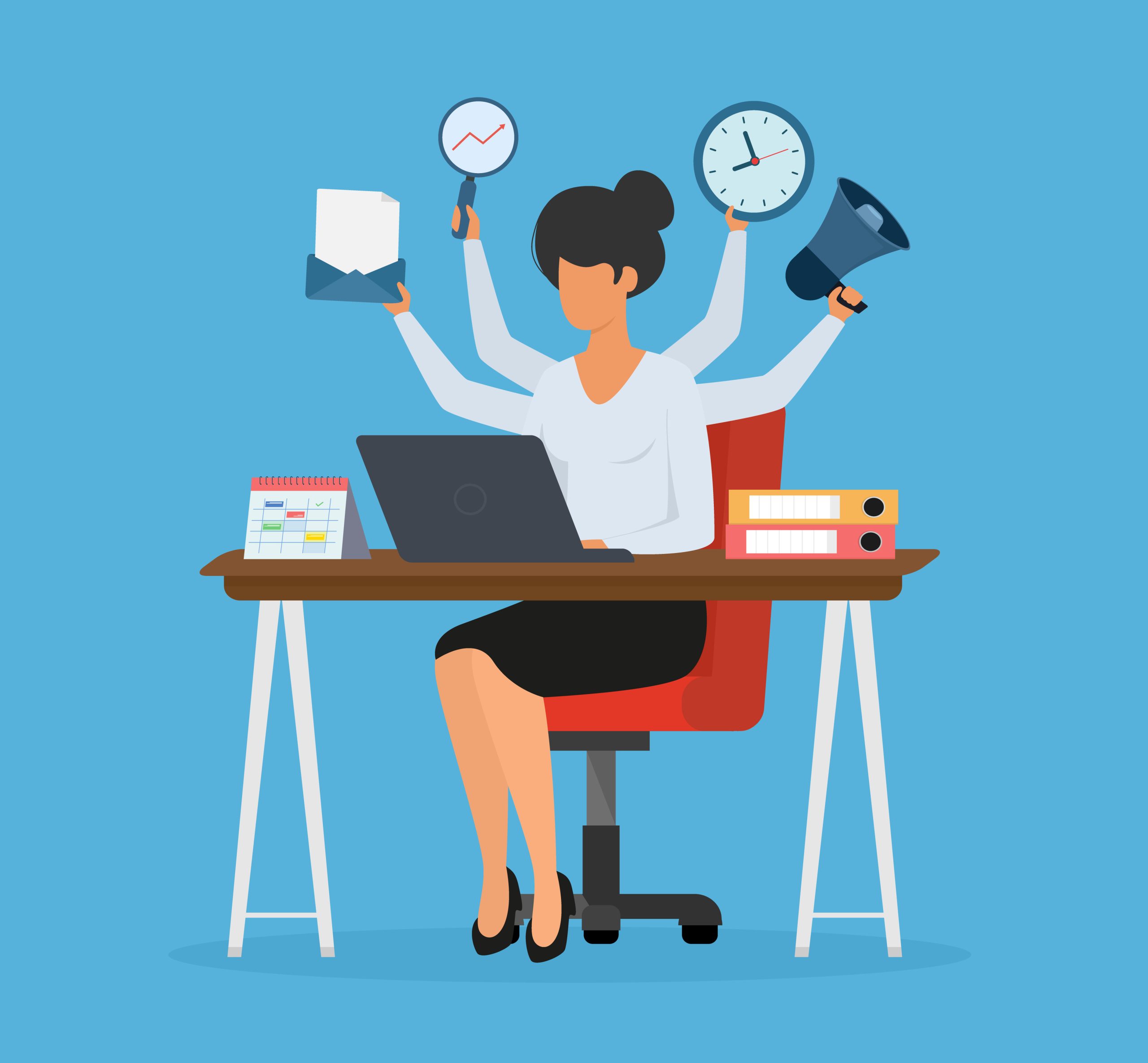 Multitasking woman manager working on laptop at the desktop. Effective management concept and time management. Vector illustration. pain points