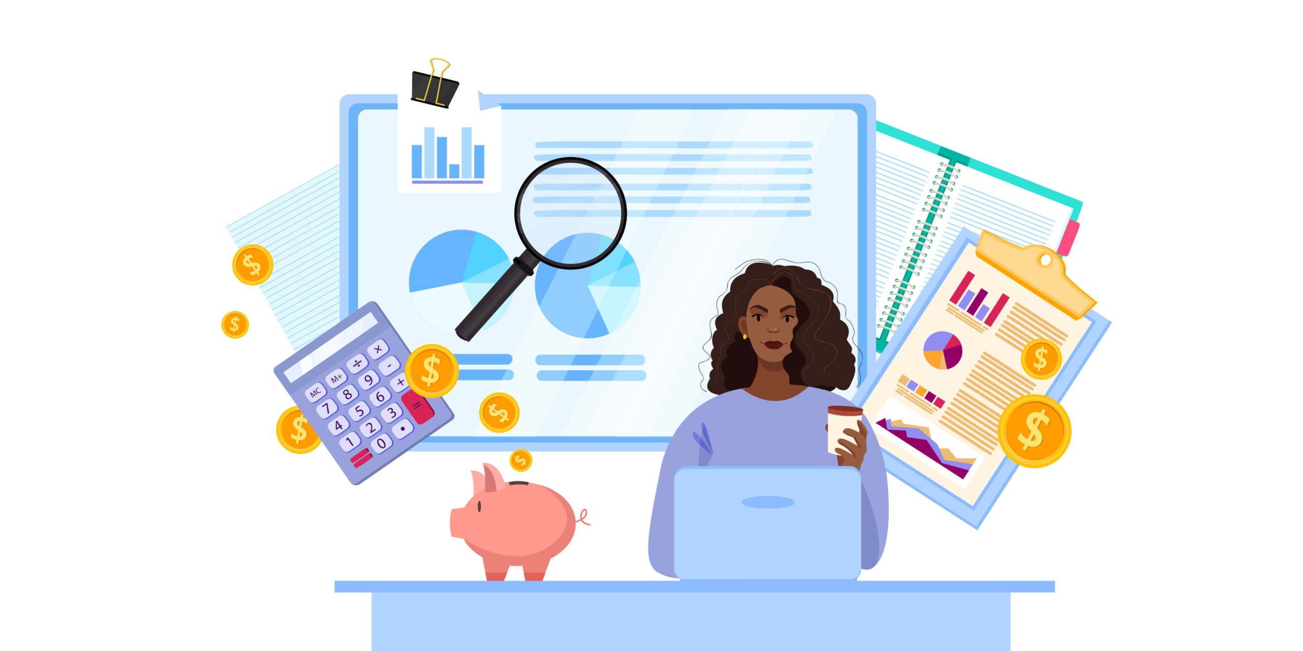 Financial audit and tax report vector business illustration with black woman consulting online. Monthly budget planning and risk analysis concept with laptop, piggy bank, graphs.Financial audit banner